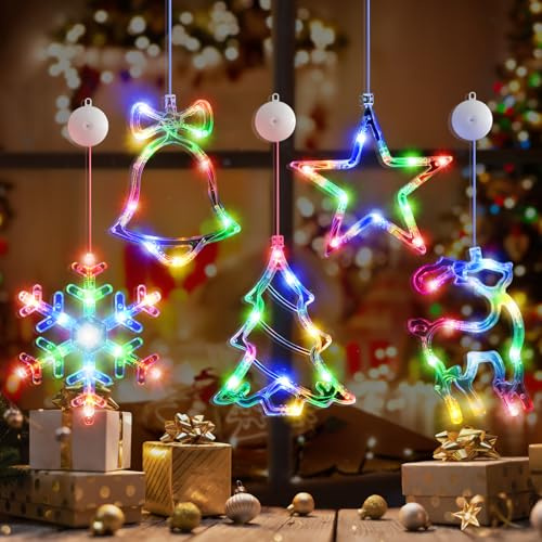 5 Stück Weihnachts-Fensterlichter, Dekoration, batteriebetrieben, Mehrfarbig, beleuchtet, Baumglocke, Stern, Schneeflocke, Hirsch, LED-Saugnapf, Lampe für Weihnachtsbaum, Fenster, Innen