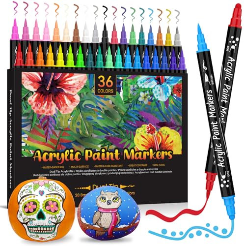 AOSUCO Acrylstifte für Steine Wasserfest, 36 Dual Tip Steine zum Bemalen Acrylstift Wasserfest, Acrylstifte für Holz Papier Glas Kunststoff Leinwand Muscheln, Kinder Halloween Kürbis zum Bemalen