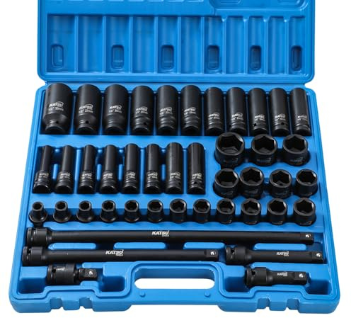 KATSU Tools Juego de 43 vasos de impacto de alta resistencia con accionamiento de 1/2, acero de aleación de cromo vanadio, herramienta mecánica para garaje de automóviles