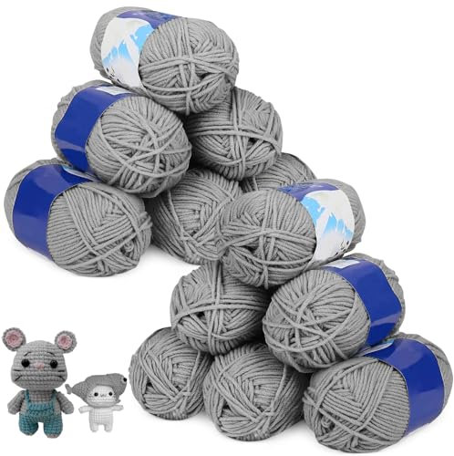 Lot de 12 pelotes de fil à crochet, 12 x 50 g, fil à tricoter à la main pour débutants, laine de bébé pour crochet et projet de tricot, en coton, gris