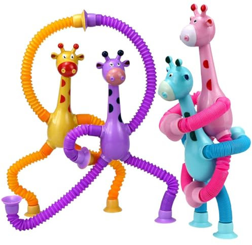 SIVZUMO 4 Stück giraffe Teleskop Giraffe Saugnapf Spielzeug, Telescopic Suction Cup Giraffe Toy, Sensorisches Giraffen-Spielzeug, Lustiges Pädagogisches Stressabbau-Spielzeug für Kinder Erwachsene