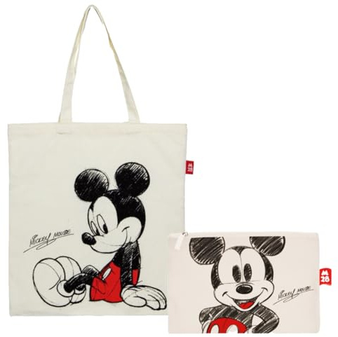Superdiver Musse Pigg shoppingväska och kopplingsväska - Officiellt licensierad Disney Musse Pigg - Bomull och Polyester - Perfekt för dagligt bruk eller present - 37 x 41 cm och 22,5 x 16 cm