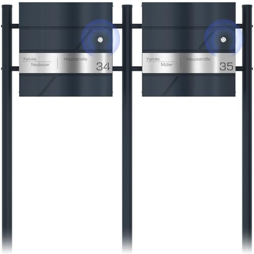 Graviers Design Standbriefkasten mit Funkklingel in Anthrazit RAL 7016 für 2er Mehrfamilienhaus - Postkasten personalisiert Edelstahl Lasergravur - Briefkasten Schloss Design 2