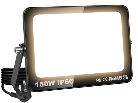 SKYWORLD Focos Led Exterior, 150W 15000LM Foco Proyector Led con Enchufe | 3000K Blanco Cálido, IP66 Impermeable, Iluminación de Seguridad, Floodlight para Jardín Garaje Patio Entrada Terraza Plaza