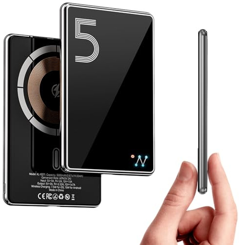 LUCKYDUO Powerbank 5000 mAh, 0.26 Zoll Ultra Dünn, Kabellose Magnetische Externer Akku,,PD 20W USB-C Schnelles Aufladen
