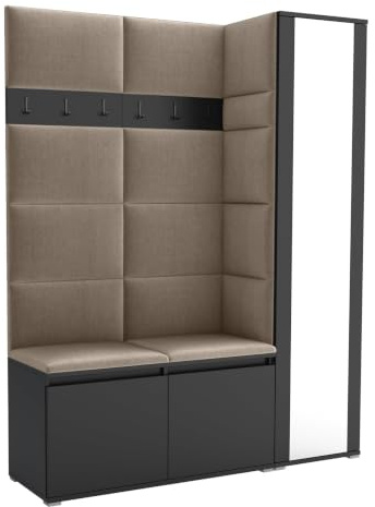 Brent - Garderobenschrank Flur Schwarz mit sitzbank 145 cm Breit Luton 7 - Multifunktionale Flurgarderobe Set mit Stauraum und Wandpaneel, Garderobe mit Sitzfläche und Kleiderhaken