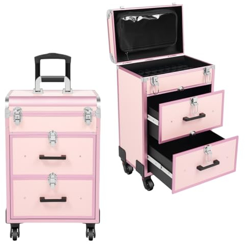 DAOHHFO Valise cosmétique à roulettes avec tiroir, Valise professionnelle à roulettes pour maquillage et ongles, Grande valise à maquillage verrouillable pour femmes avec roues pour voyage