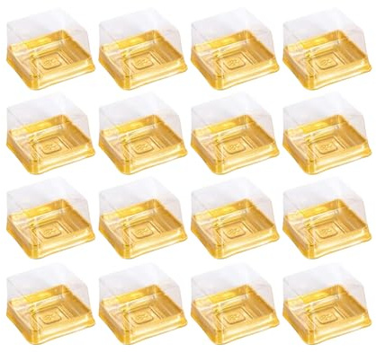 TONGMAN 50Pack Plastic Mini CakeBox Transparent Small Cupcake Container, Moon Cake Box Stand, Mooncake Packaging Box with Covers,Cookies Holders Mini CakeBox for Christmas Wedding Birthday (Golden)
