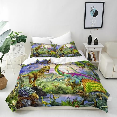 ANHOPE Parure de Lit Jungle Dinosaure Tyrannosaure Housse de Couette 140x200 cm avec 1 Taies d'oreiller 65x65 cm Microfibre Literie avec Fermeture Éclair pour Enfants Filles