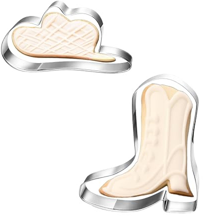 BOXOB 2 Pezzi Tagliabiscotti a Tema Cowboy, Tagliabiscotti a Tema Stivali da Cowboy e Cappello da Mucca Utensile Cucina Utensile per Dolci per Preparare Biscotti Pane Impasto Fondente