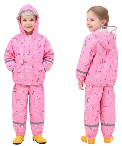 Domueay Chubasquero Niño Ligero Conjunto Impermeable con Capucha y Reflectante Rosa Unicornio Estampado Chaqueta Lluvia & Pantalones Traje de Lluvia Abrigos, Exteriores Ropa para 3-4 años