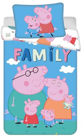 Peppa Pig Babybettwäsche 100x135 + Kissenbezug 40x60 Baumwolle Kinderbett | Wendbare Baby-Bettwäsche | Die ganze Peppa-Familie vereint | Naturbaumwolle weich atmungsaktiv | Hasbro | Kinderbett