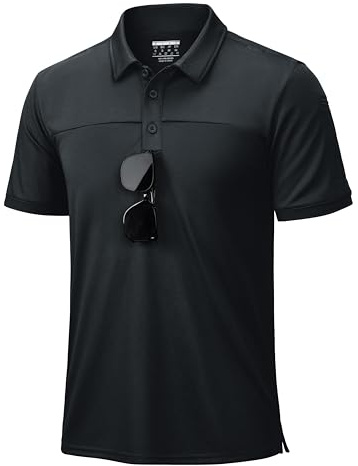 TACVASEN Men's Polo Shirts Short Sleeve Tactical UPF 50＋ Collared Shirt Moisture Wicking Dry Fit Golf Work Black, L