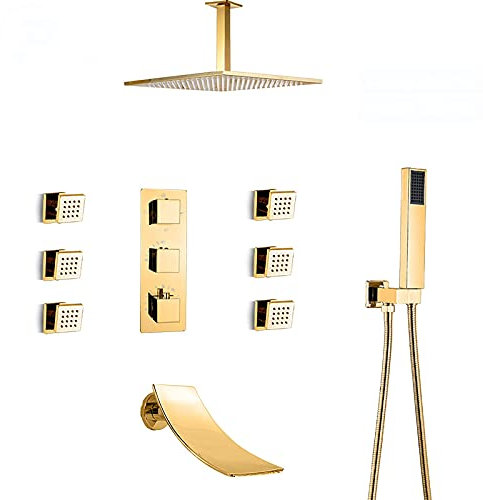Ensemble de Douche combiné tatic d, Robinet monté au Plafond avec pommeau de Douche, douchette à Main, Robinet de Baignoire Cascade, Jets corporels, 12 Pouces