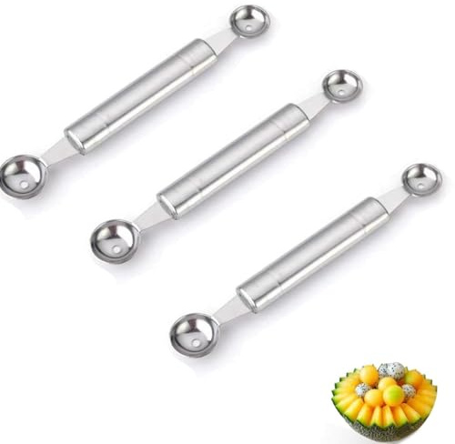 Set da 3 cucchiai da frutta a doppia estremità, utensili da cucina multiuso in acciaio inox, scavino per melone in acciaio inox, scavino per melone e scavino per gelato.