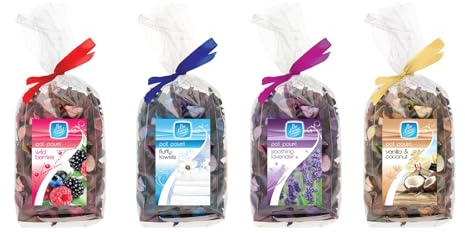 4 pack Potpourri Fragrances, Long-Lasting Scented Dried Botanicals for Home, Bathroom, Wild Berries, Fluffy Towels, Lavender, Vanilla & Coconut