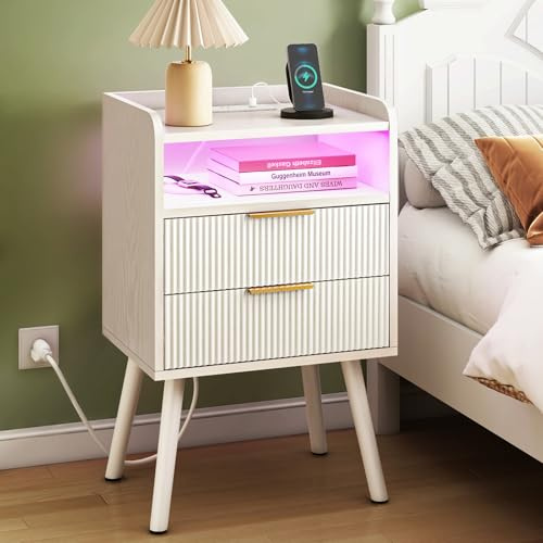 Fixwal White Nightstand with Charging Station, 2 Fluted Wood Drawers | 15.7D x 11.8W x 25.6H, LED lights, 2 storage drawers, wooden construction, easy assembly, morden style