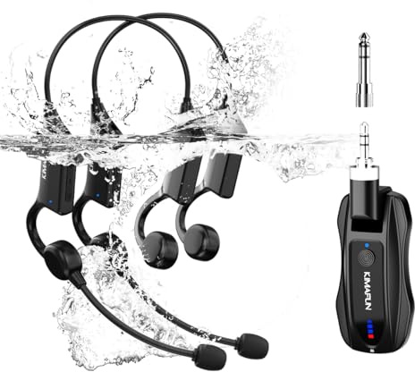 KIMAFUN IP67 wasserdichtes drahtloses Fitness-Mikrofon, 2.4G leichtes ergonomisches Headset Mikrofon für Schwimmbad, Fitness-Sport, Yoga, Gym, Unterricht, Speaker, Laptop, Tablet für 2 Personen, GWP92