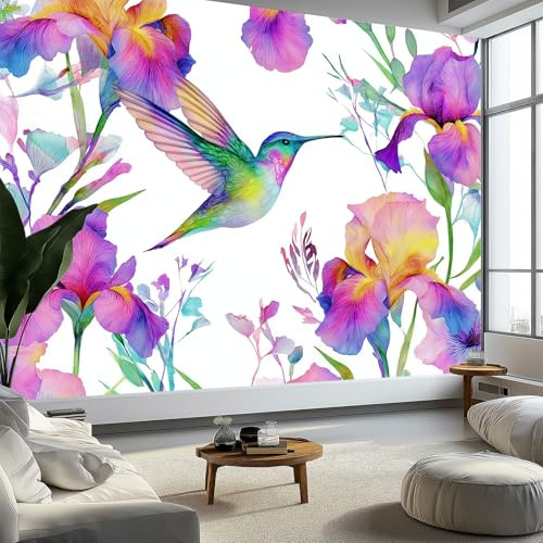 WTD - Carta da parati da parete con animale, motivo floreale, acquerello, colibrì, colore bianco, 400 x 280 cm, effetto 3D, per camera da letto, soggiorno, cameretta dei bambini