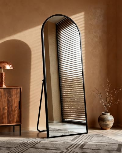 Lopekuty Bogenspiegel Ganzkörperspiegel 163×53 cm – Wand- & Standspiegel mit Aluminiumrahmen, 5mm HD Kupfer- & Bleifreiem Glas, Explosionsgeschützt, Für Schlafzimmer, Flur & Wohnzimmer, Schwarz