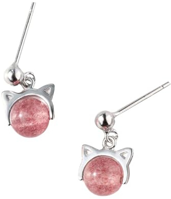 S925 Silver med Natural Jade Rosa Cat Örhängen för Kvinnor Yoga Äkta 1
