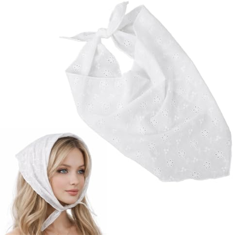White Lace Hair Bandana Scarf for Women, Cotton Triangle | Boho Style, Tie Fastening, Floral Eyelet Detail, Head Wrap, Hair Accessory