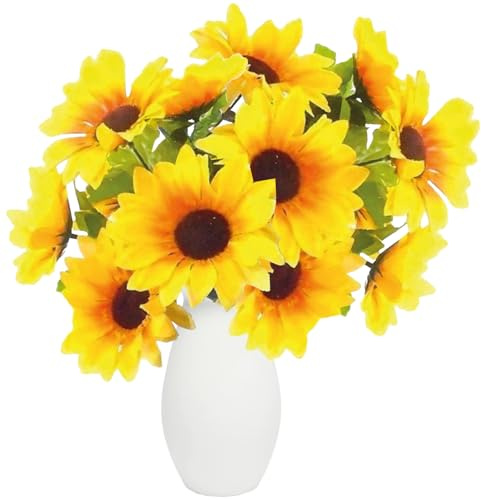 30cm Artificial Sunflowers Bouquet - Plastic Bush with 14 Heads - Artificial Flowers for Indoor & Outdoor Spring Decorations, Fake Flowers for Home Garden-Wedding-Party, and Office Decor (NO VASE）