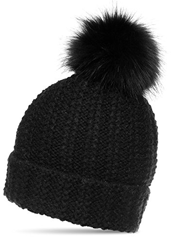 Caspar MU190 Damen Winter Mütze Strickmütze Bommelmütze mit großem Kunstfell Bommel, Farbe:schwarz, Größe:One Size