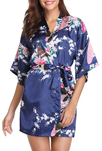 Vlazom Kimono Mujer Corto de Satén y Seda, Cuello en V con Estampado Floral, Manga 3/4 con Cinturón,S-XXL