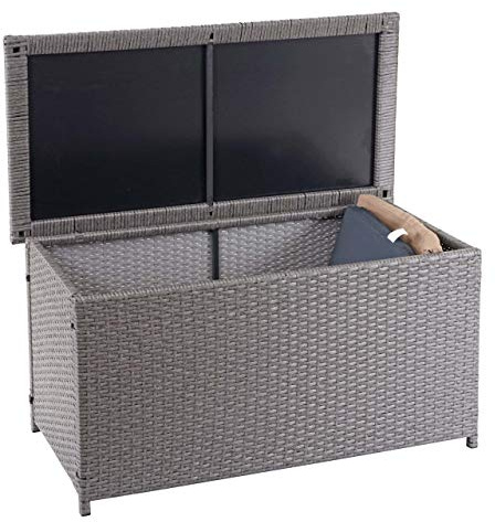 Mendler Poly-Rattan Kissenbox HWC-D88 51x115x59cm 250l - grau | Gartentruhe, Auflagenbox, Truhe, Basic