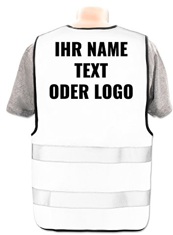 Warnweste selbst gestalten mit eigenem Aufdruck * Bedruckt mit Name Text Bild Logo Firma, Position & Druckart:Rücken/Standard-Druck, Farbe & Größe:Weiß/Größe XL/XXL