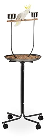 Relaxdays Freisitz für Papageien, Anflugstange, 2 Futternäpfe, rollbar, Nymphensittich, HBT: 130 x 60 x 60 cm, Silber