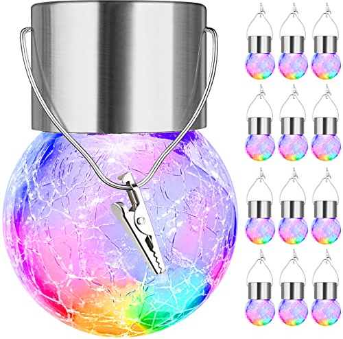 MAXvolador 12-Pack Hanging Solar Lights, Decorative Cracked Glass Ball Light, Multicolor Solar Powered Waterproof Globe Lighting for Garden, Tree