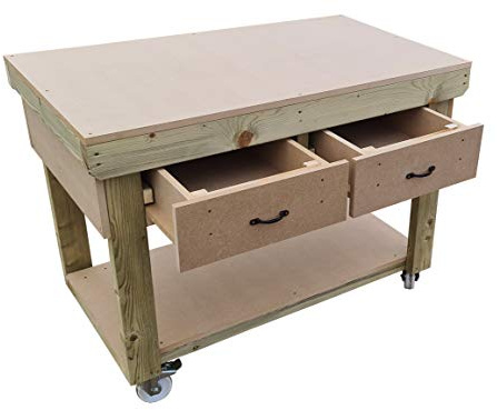 Wooden Workbench MDF Top With Drawers - Legs with Wheels - Industrial Heavy-duty Garage Storage Table (6ft)
