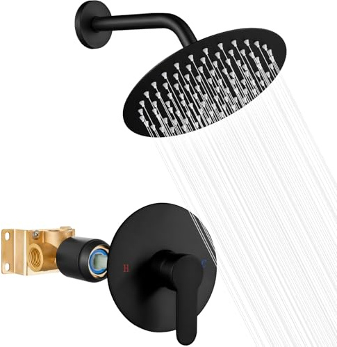 Heyalan 8-Inch Round Rain Shower Faucet Set with Valve, Matte Black