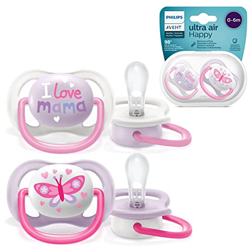Philips AVENT SCF080/02 Ultra Air Schnuller 0-6 Monate, Atmungsaktiv, Kiefergerecht, BPA frei, Doppelpack, Schmetterling/Mama-Design