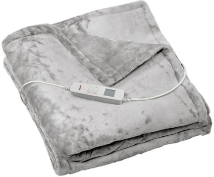 Grafner elektrische Wärmedecke 180 x 130 cm aus kuscheligem Flanell Plüsch, hellgrau, LCD-Display, 10 Temperaturstufen, 10 Stunden Timer, Schnellaufheizung, Überhitzungsschutz, waschbar Kuscheldecke