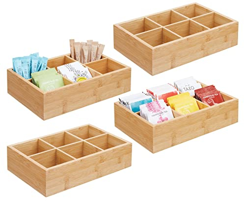 mDesign Kitchen Storage Box – Open-Top Bamboo Storage Tray with 6 Compartments – Use as a Cupboard Organiser or on The Shelf – Set of 4 – Natural