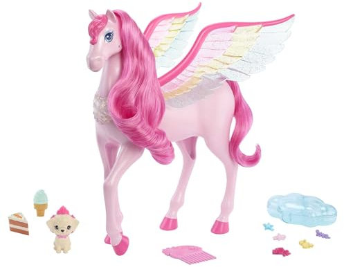 Barbie Ein Verborgener Zauber Pegasus - Interaktives Spielzeug mit Lichtern und Geräuschen, 10 Zubehörteile, Regenbogenflügel, für Kinder ab 3 Jahren, HLC41