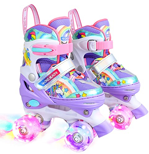Kinder Einhorn Rollschuhe für Mädchen.Geeignet für 2-4 Jahre alt. Mit Leuchtenden Rädern,4-Pejiijar Verstellbar Anfänger Quad Roller Skates für Weihnachts und Geburtstags Geschenke XS(26~29)