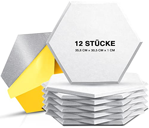 Sonic Acoustics 12 Pack Hexagon Self Adhesive Acoustic Foam Panels, 14 X 12 X 0.4 High Density Sound Absorbing Sound Proof Insulation Beveled Edge Studio Treatment Tiles (White)