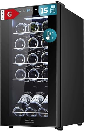 Cecotec Vinoteca Bolero Grandsommelier 1550 Black Compressor, 15 botellas, Silencioso, Alto rendimiento, Regula la temperatura de tus vinos entre 5 y 18 ºC, Control táctil, Luz interior