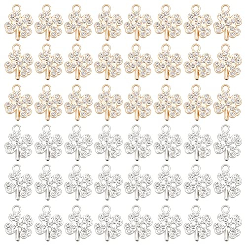 DICOSMETIC 60 Pz 2 Colori Quadrifoglio Ciondolo Portafortuna Trifoglio con Gemme di Cristallo Pendenti In Lega, Tema San Patrizio, Foro: 1.8mm
