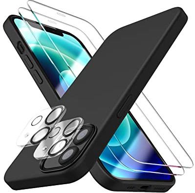 Dssairo [5-in-1 Schutzhülle für iPhone 12 Mini 5.4, mit 2 Displayschutzfolien und 2 Kameraobjektivschutzhüllen, Flüssigsilikon, schlanke, stoßfeste Schutzhülle, Mikrofaser-Futter, schwarz