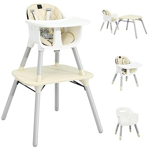 COSTWAY 5 in 1 Hochstuhl baby, umwandelbarer Babystuhl mit 5-Punkt-Gurt, abnehmbarem & verstellbarem Tablett, Kinderhochstuhl für 6-36 Monaten Baby (Beige)