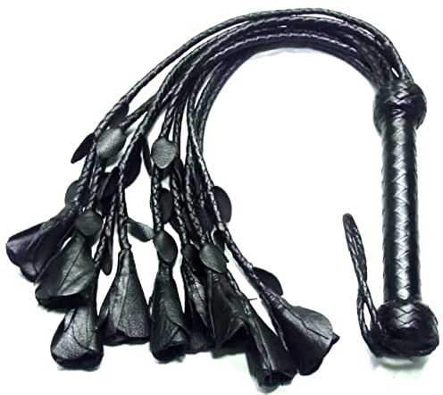 Cat-O-Nine Tails Flogger Rosen und Blütenblätter, handgefertigt, echtes Leder, Schwarz