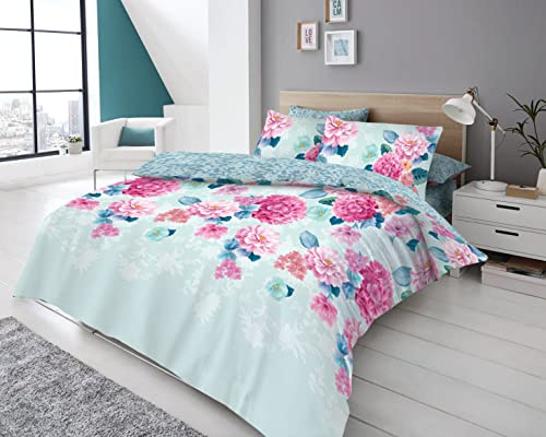 Juego Completo de Ropa de Cama Floral de 4 Piezas, Funda de edredón con Estampado de Flores, tamaño King, sábana Bajera Ajustable con Fundas de Almohada, Juego de Cama Reversible de polialgodón