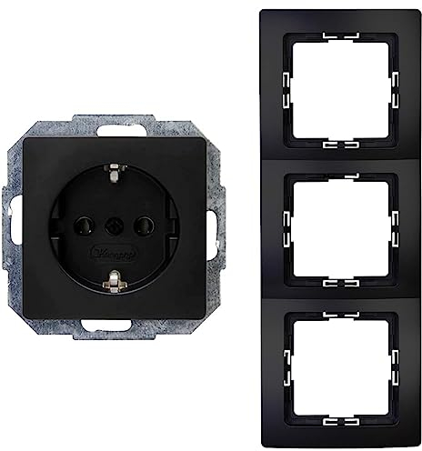 Kopp Paris Steckdose ohne erhöhten Berührungsschutz, Unterputz, Mattschwarz, 923550080 & Paris 3-Fach Abdeckrahmen, Mattschwarz, 308650062
