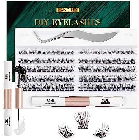 Lanciley Wimpern Extensions Set 120 Cluster Lashes mit Wimpernkleber Pinzette C D Curl Einzelne Wimpern DIY Lash Extension Kit für Zuhause zum Schminken Anfänger 10/12/14/15/16 mm - L23