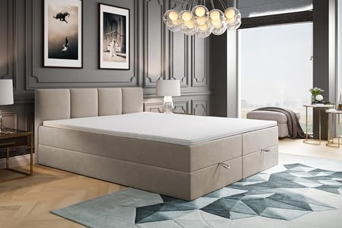 TRADA Boxspringbett 160x200 cm mit Bettkasten & Bonellmatratze, Beige | Modell ROYAL, Elegant Bett mit Topper